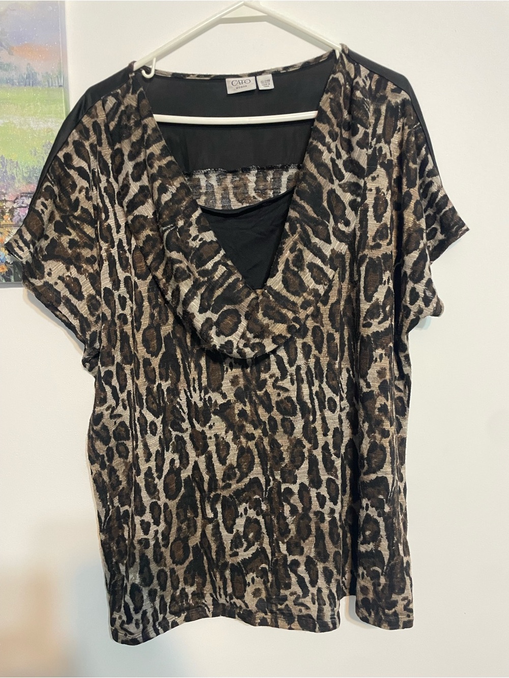 Cato Leopard Print Short-Sleeve Drape Neck Top - Brown/Black